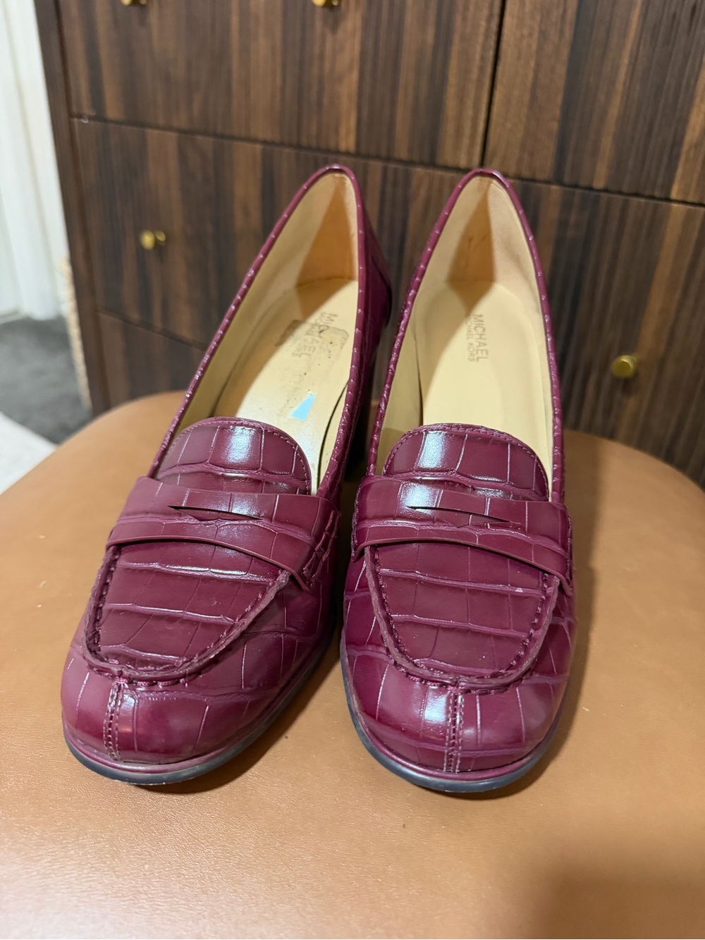 Michael Kors Burgundy Croc-Embossed Penny Loafers